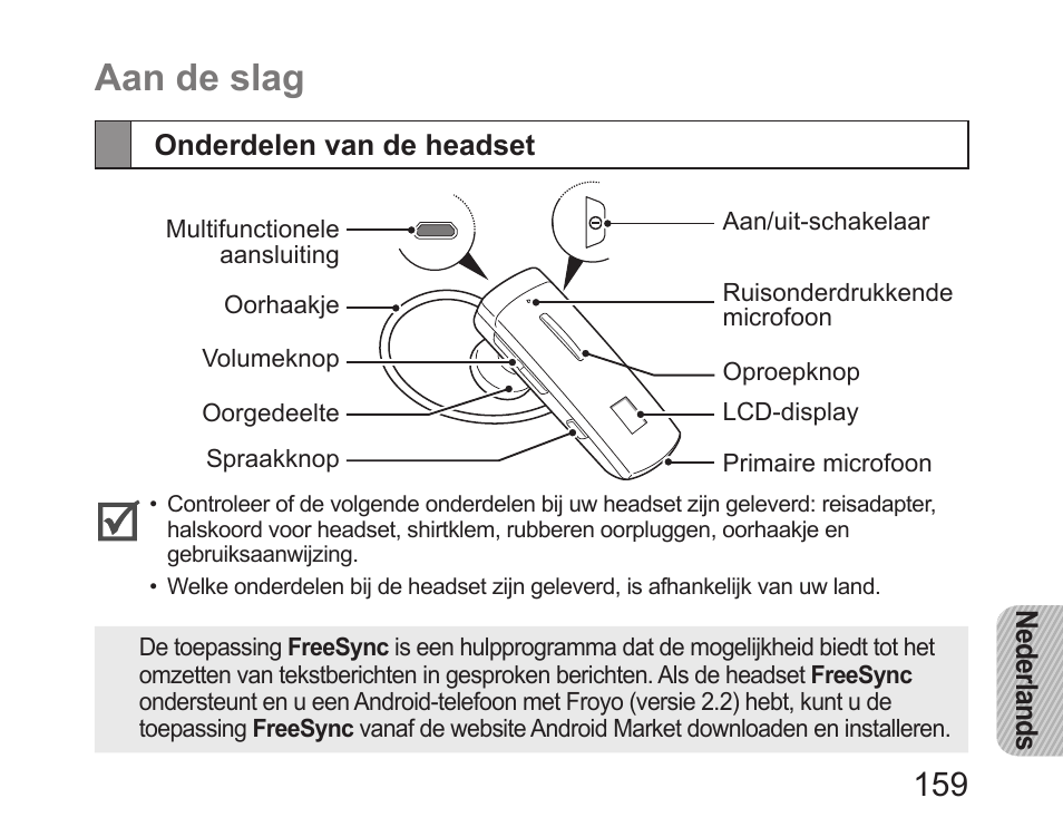 Aan de slag, Onderdelen van de headset | Samsung HM6450 User Manual | Page 161 / 195