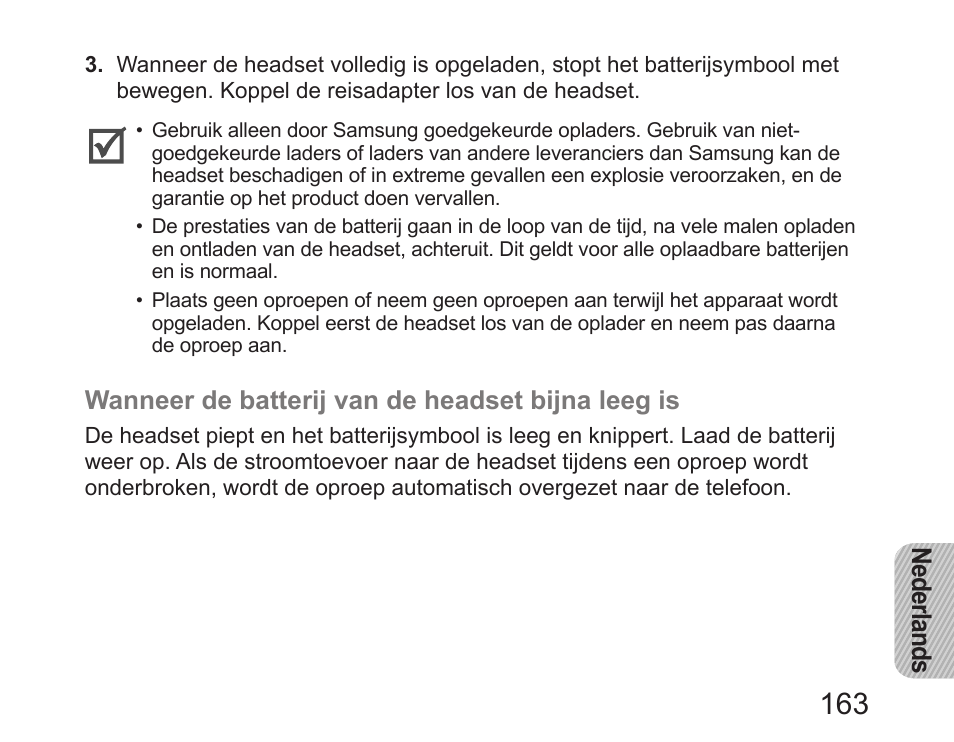 Nederlands, Wanneer de batterij van de headset bijna leeg is | Samsung HM6450 User Manual | Page 165 / 195