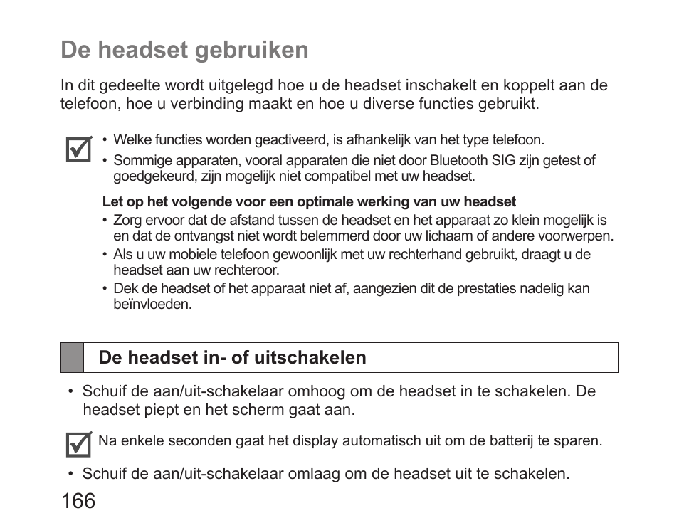 De headset gebruiken, De headset in- of uitschakelen | Samsung HM6450 User Manual | Page 168 / 195