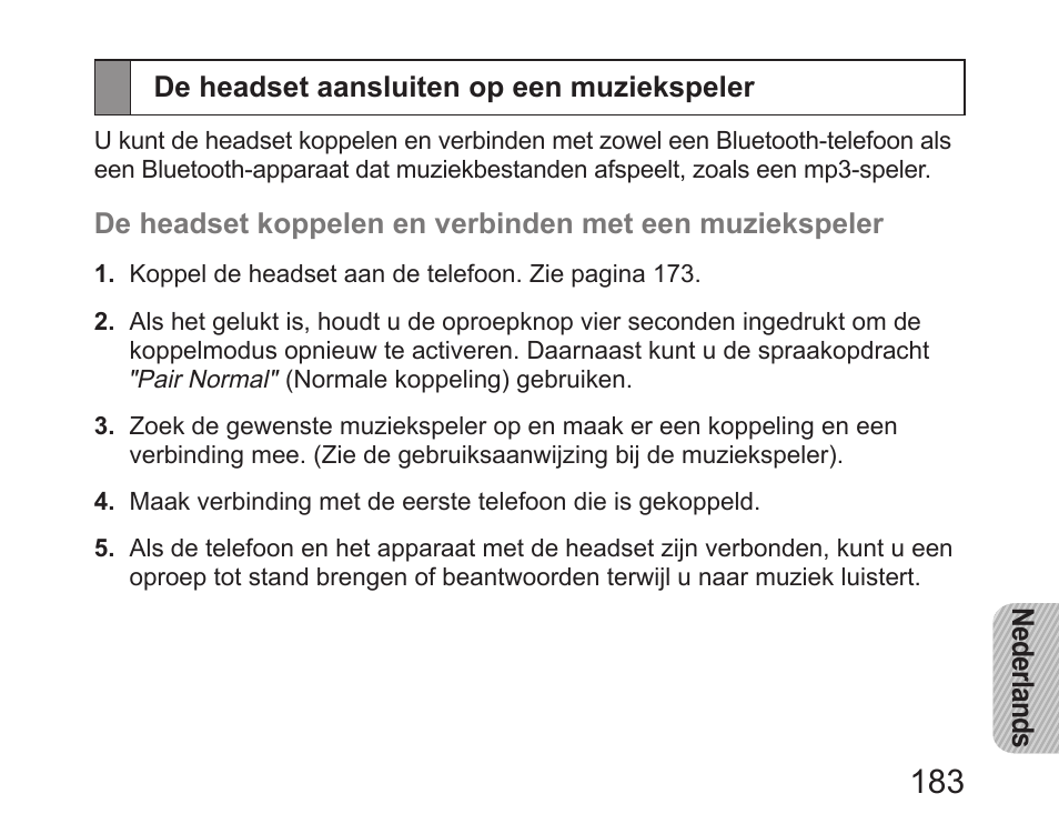 De headset aansluiten op een muziekspeler | Samsung HM6450 User Manual | Page 185 / 195