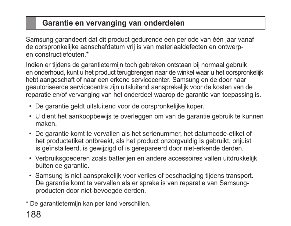 Garantie en vervanging van onderdelen | Samsung HM6450 User Manual | Page 190 / 195