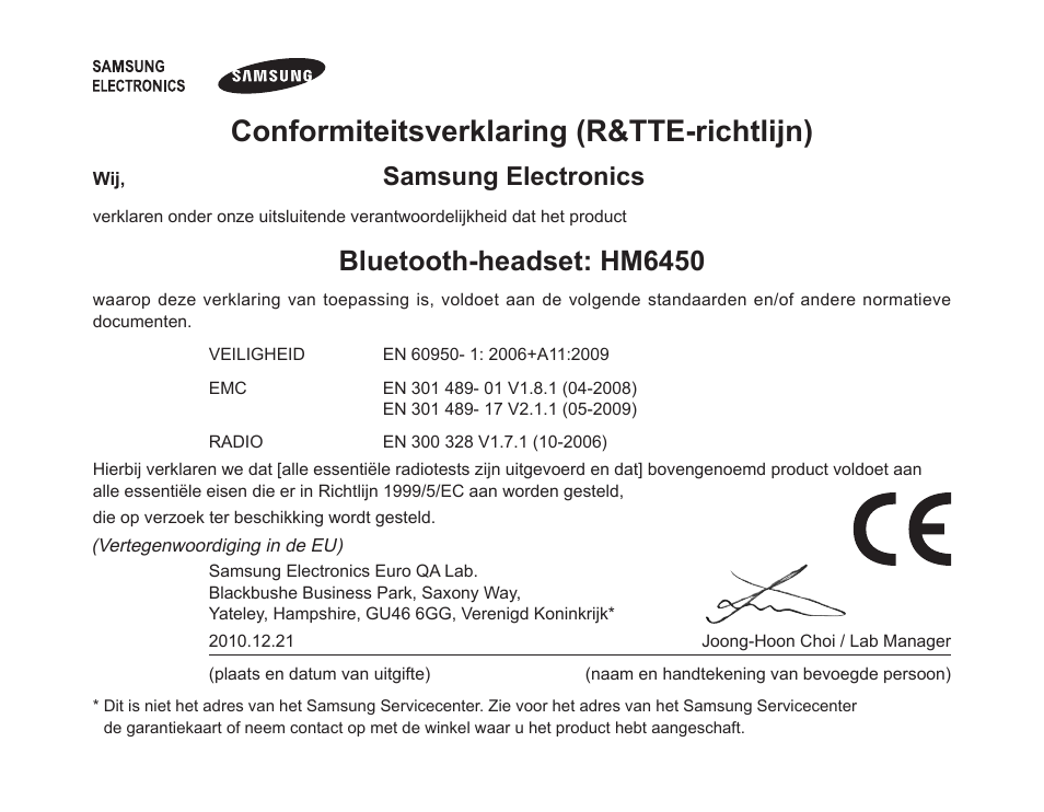 Conformiteitsverklaring (r&tte-richtlijn), Bluetooth-headset: hm6450, Samsung electronics | Samsung HM6450 User Manual | Page 194 / 195