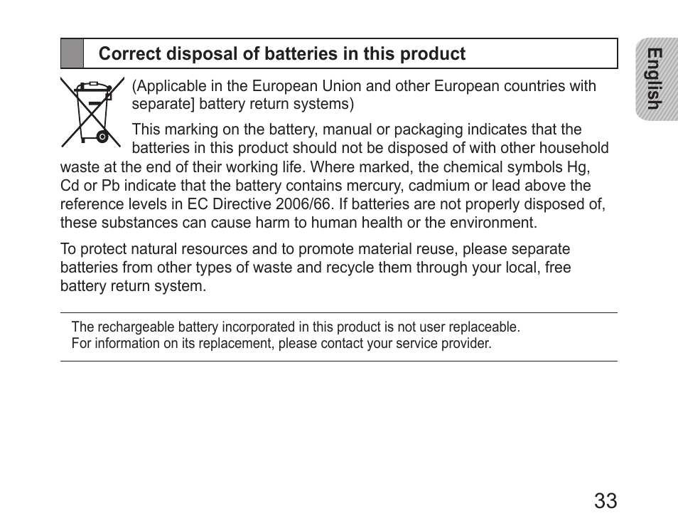 Correct disposal of batteries in this product | Samsung HM6450 User Manual | Page 35 / 195