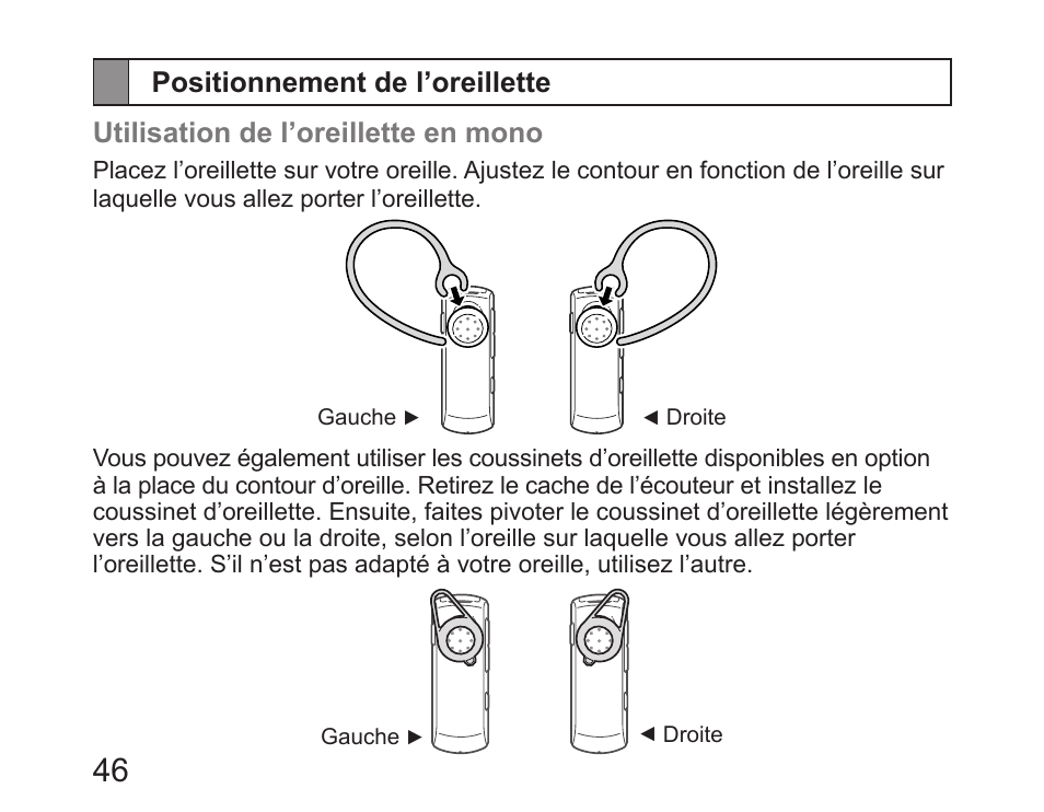 Positionnement de l’oreillette | Samsung HM6450 User Manual | Page 48 / 195