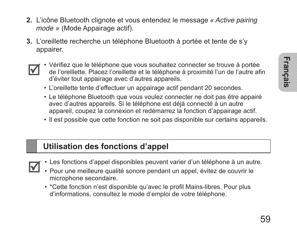 Utilisation des fonctions d’appel, Français | Samsung HM6450 User Manual | Page 61 / 195