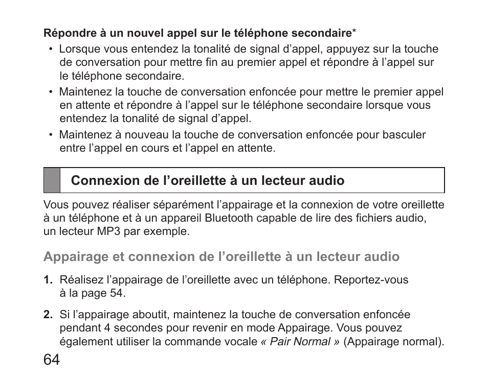 Connexion de l’oreillette à un lecteur audio | Samsung HM6450 User Manual | Page 66 / 195