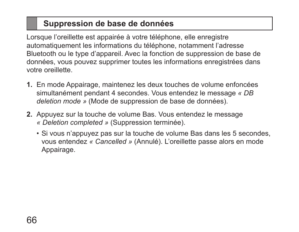 Suppression de base de données | Samsung HM6450 User Manual | Page 68 / 195