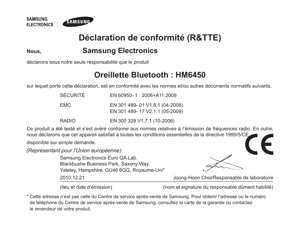 Déclaration de conformité (r&tte), Oreillette bluetooth : hm6450, Samsung electronics | Samsung HM6450 User Manual | Page 76 / 195