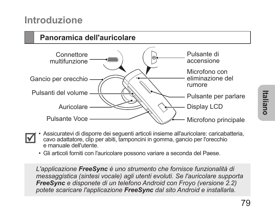 Introduzione, Panoramica dell'auricolare | Samsung HM6450 User Manual | Page 81 / 195