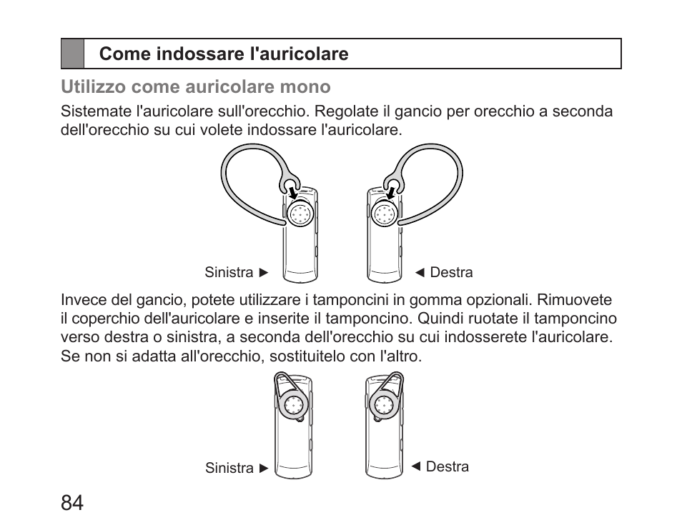 Come indossare l'auricolare | Samsung HM6450 User Manual | Page 86 / 195