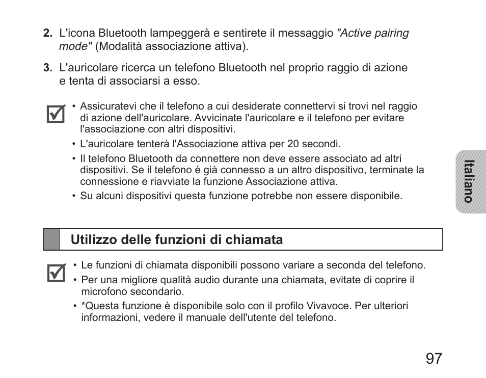 Utilizzo delle funzioni di chiamata, Italiano | Samsung HM6450 User Manual | Page 99 / 195