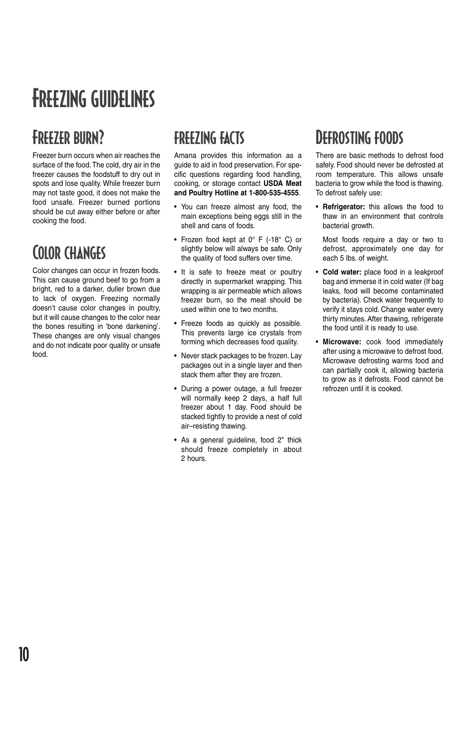 Freezing guidelines, Freezer burn, Color changes | Freezing facts, Defrosting foods | Amana Deepfreeze Chest Freezer User Manual | Page 10 / 48