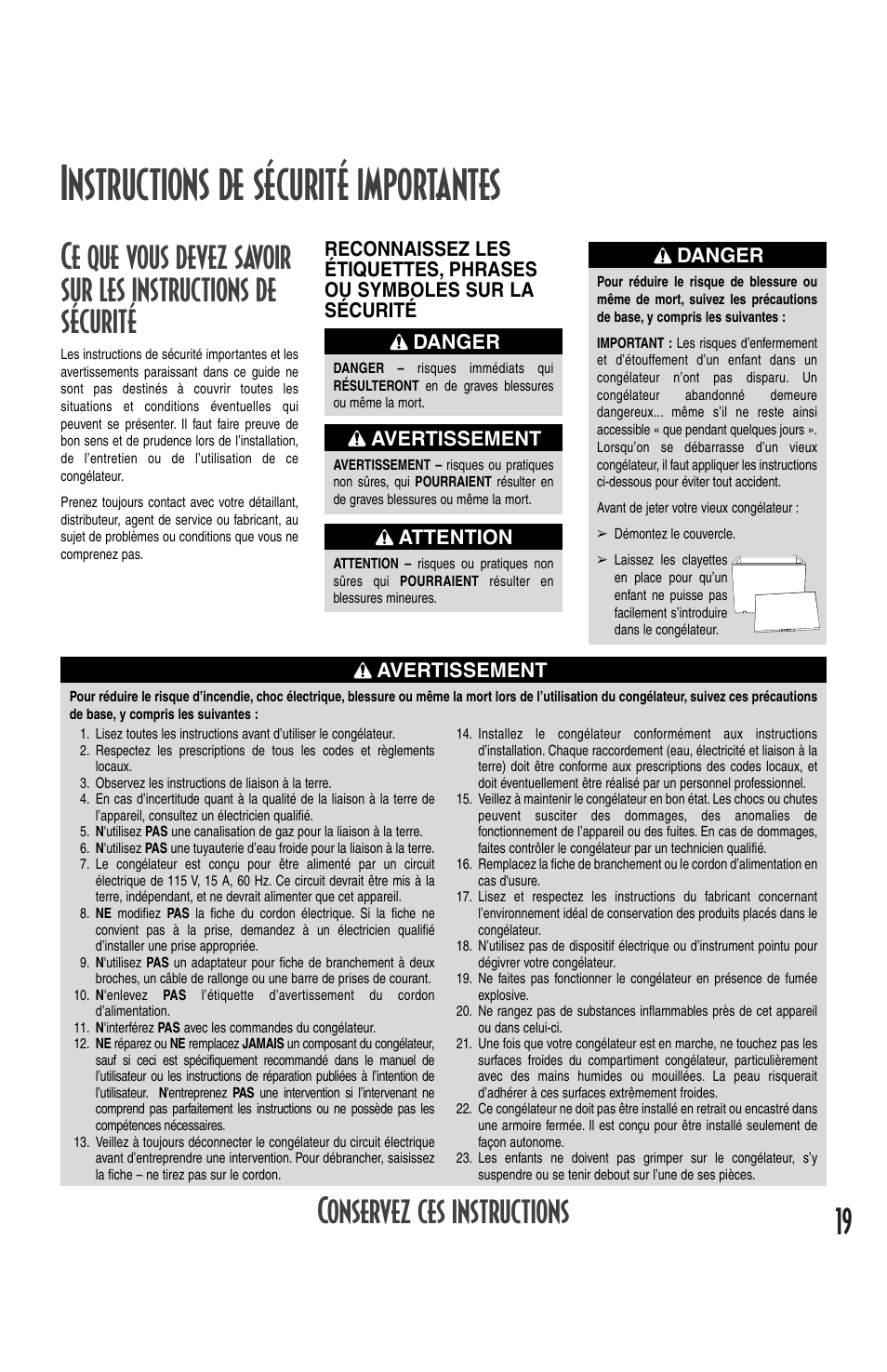 Instructions de sécurité importantes, Conservez ces instructions, Danger | Avertissement, Attention | Amana Deepfreeze Chest Freezer User Manual | Page 19 / 48