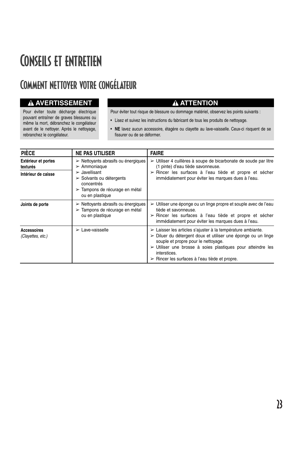 Conseils et entretien, Comment nettoyer votre congélateur, Attention | Avertissement | Amana Deepfreeze Chest Freezer User Manual | Page 23 / 48