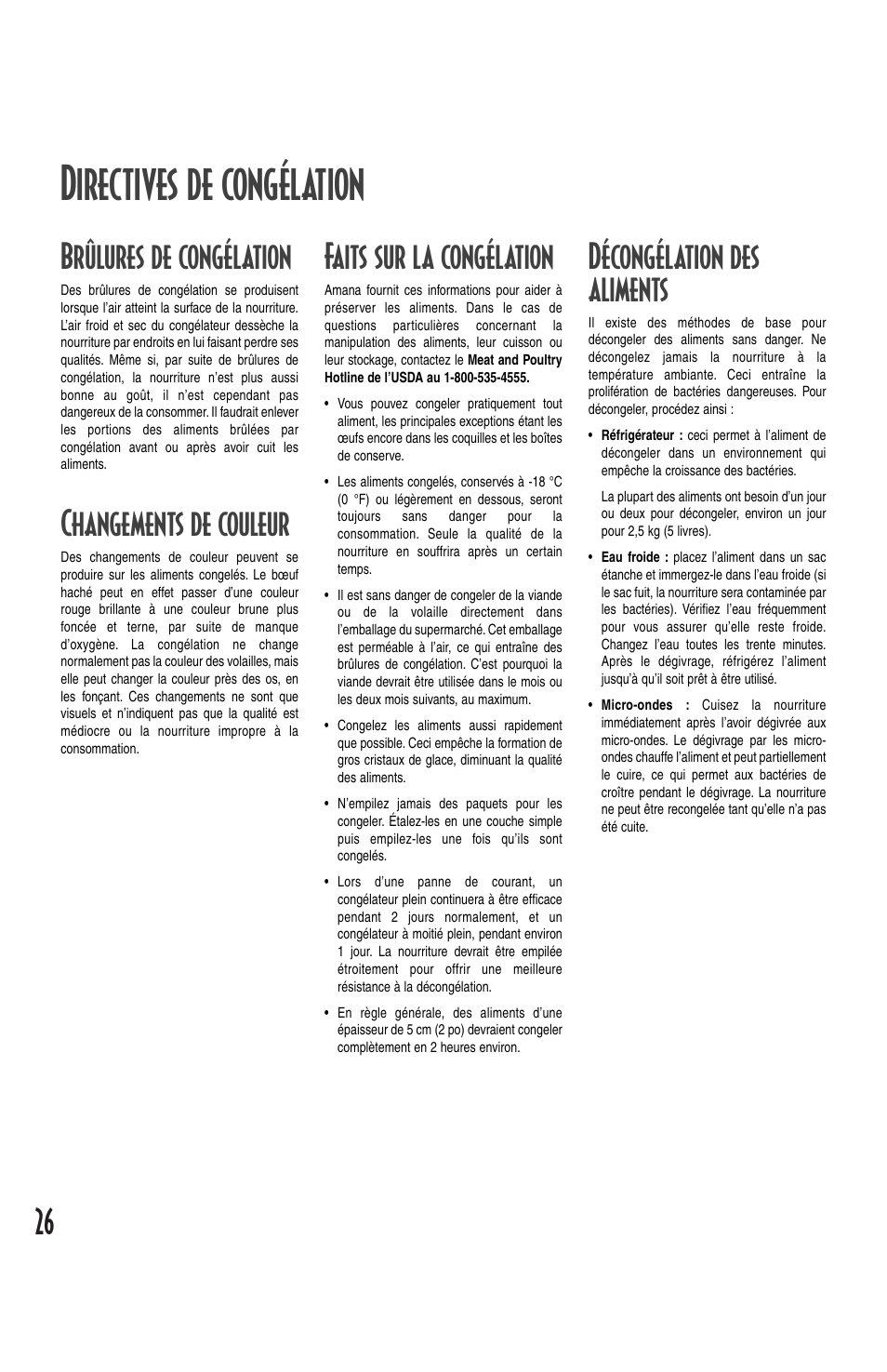 Directives de congélation, Brûlures de congélation, Changements de couleur | Faits sur la congélation, Décongélation des aliments | Amana Deepfreeze Chest Freezer User Manual | Page 26 / 48