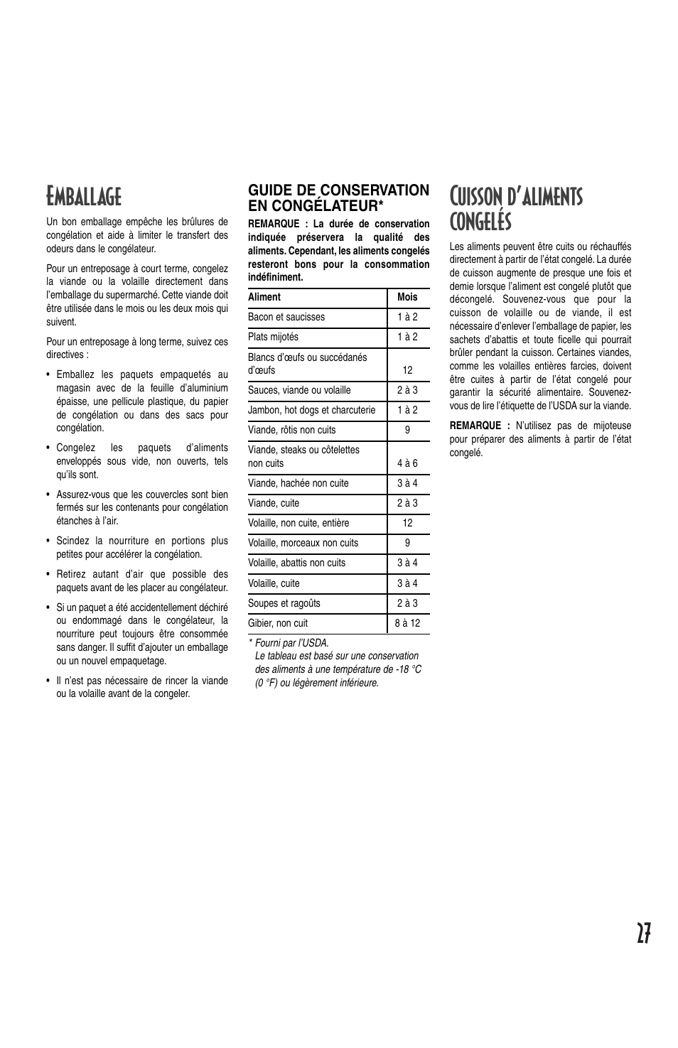 27 emballage, Cuisson d’aliments congelés, Guide de conservation en congélateur | Amana Deepfreeze Chest Freezer User Manual | Page 27 / 48