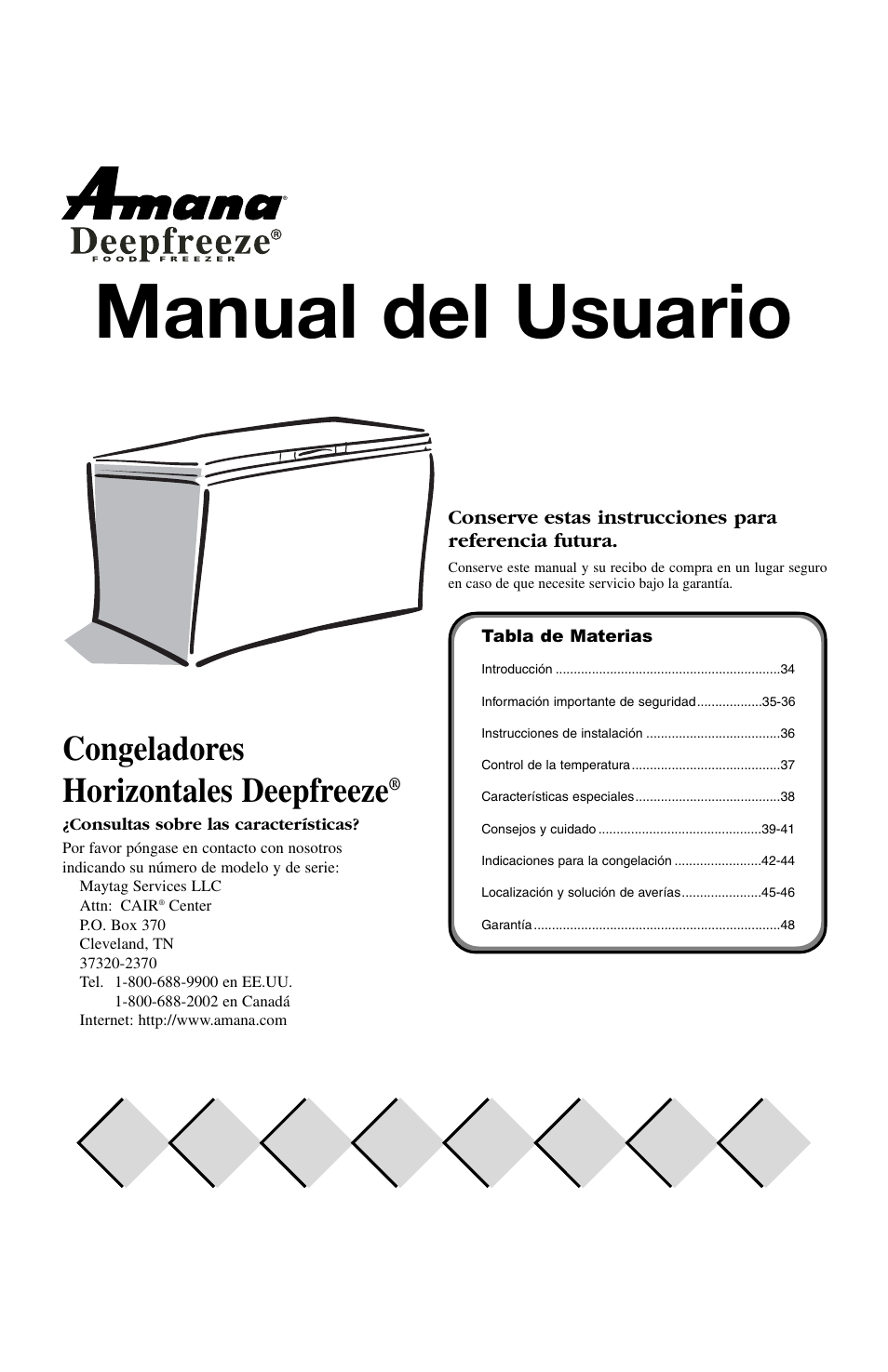 Manual del usuario, Congeladores horizontales deepfreeze | Amana Deepfreeze Chest Freezer User Manual | Page 33 / 48