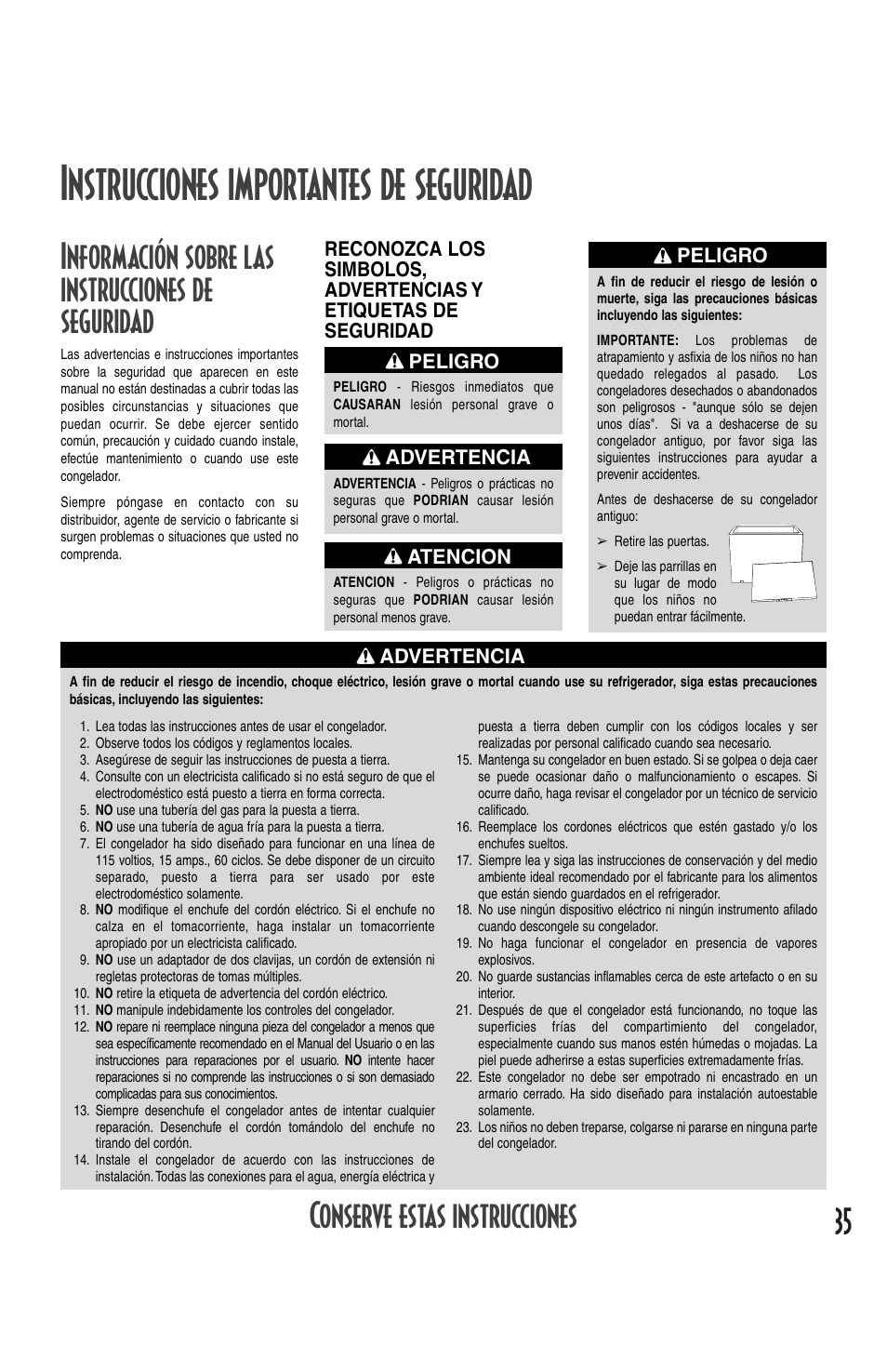 Instrucciones importantes de seguridad, Información sobre las instrucciones de seguridad, Conserve estas instrucciones | Peligro, Advertencia, Atencion | Amana Deepfreeze Chest Freezer User Manual | Page 35 / 48
