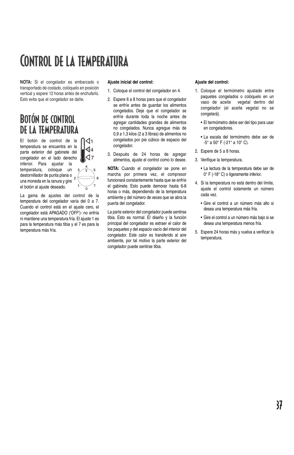 Control de la temperatura, Botón de control de la temperatura | Amana Deepfreeze Chest Freezer User Manual | Page 37 / 48