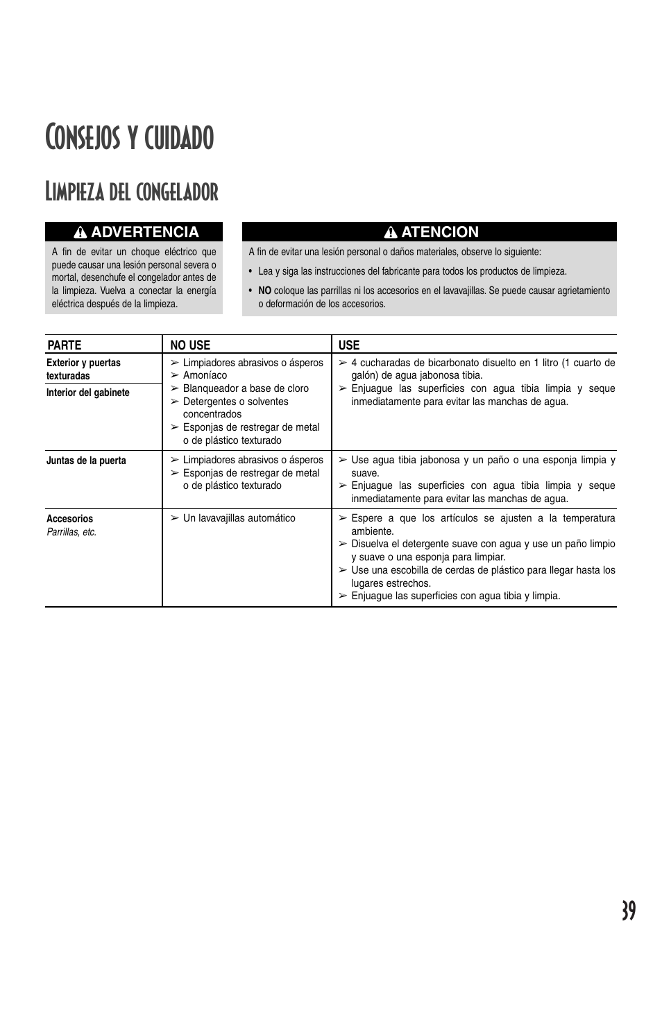 Consejos y cuidado, Limpieza del congelador, Atencion | Advertencia | Amana Deepfreeze Chest Freezer User Manual | Page 39 / 48