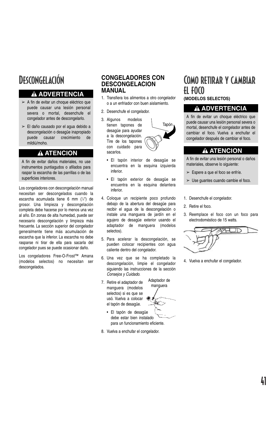 Como retirar y cambiar el foco, Descongelación, Atencion | Advertencia, Congeladores con descongelacion manual | Amana Deepfreeze Chest Freezer User Manual | Page 41 / 48
