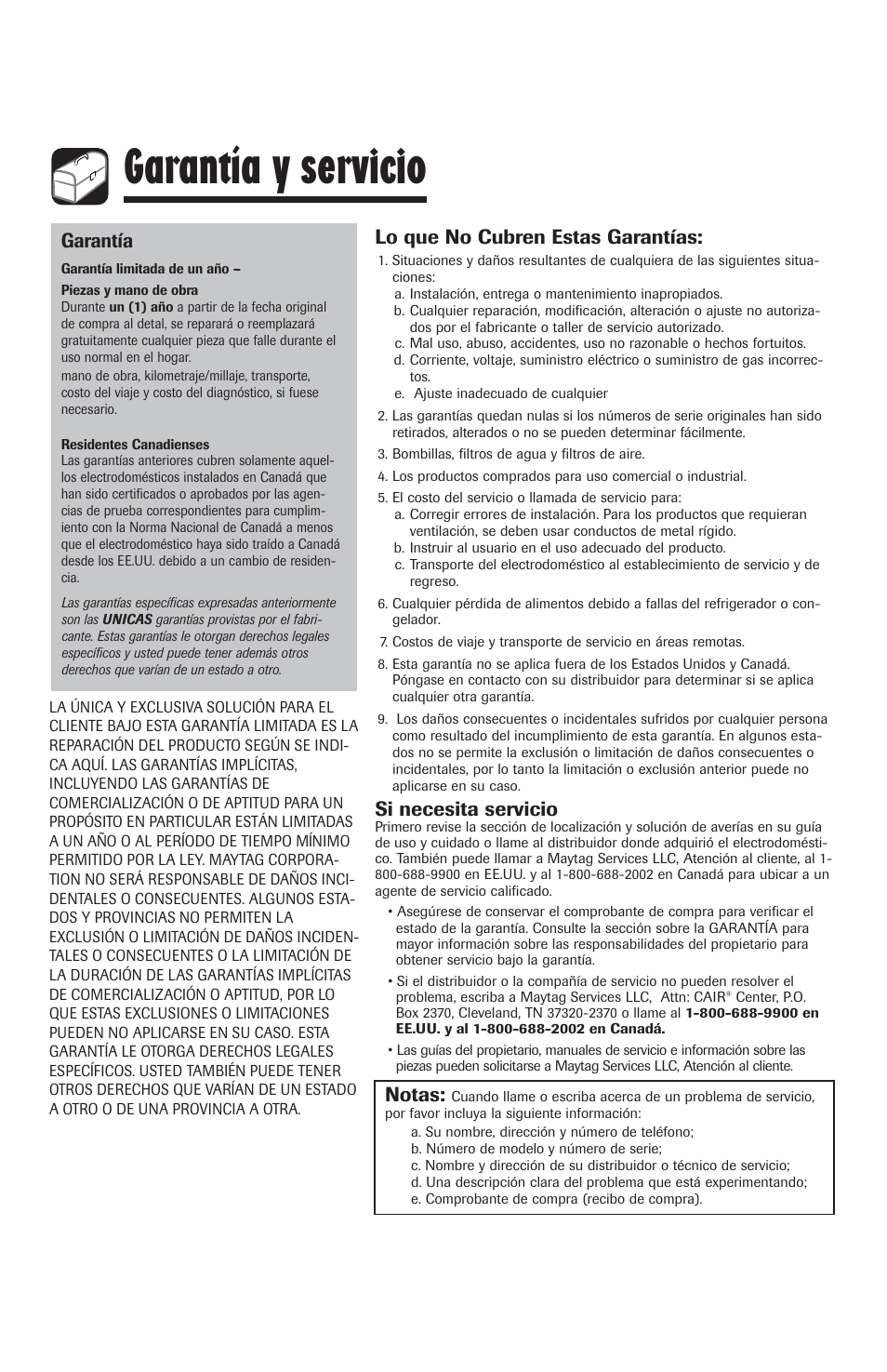 Garantía y servicio, Lo que no cubren estas garantías, Si necesita servicio | Garantía, Notas | Amana Deepfreeze Chest Freezer User Manual | Page 48 / 48