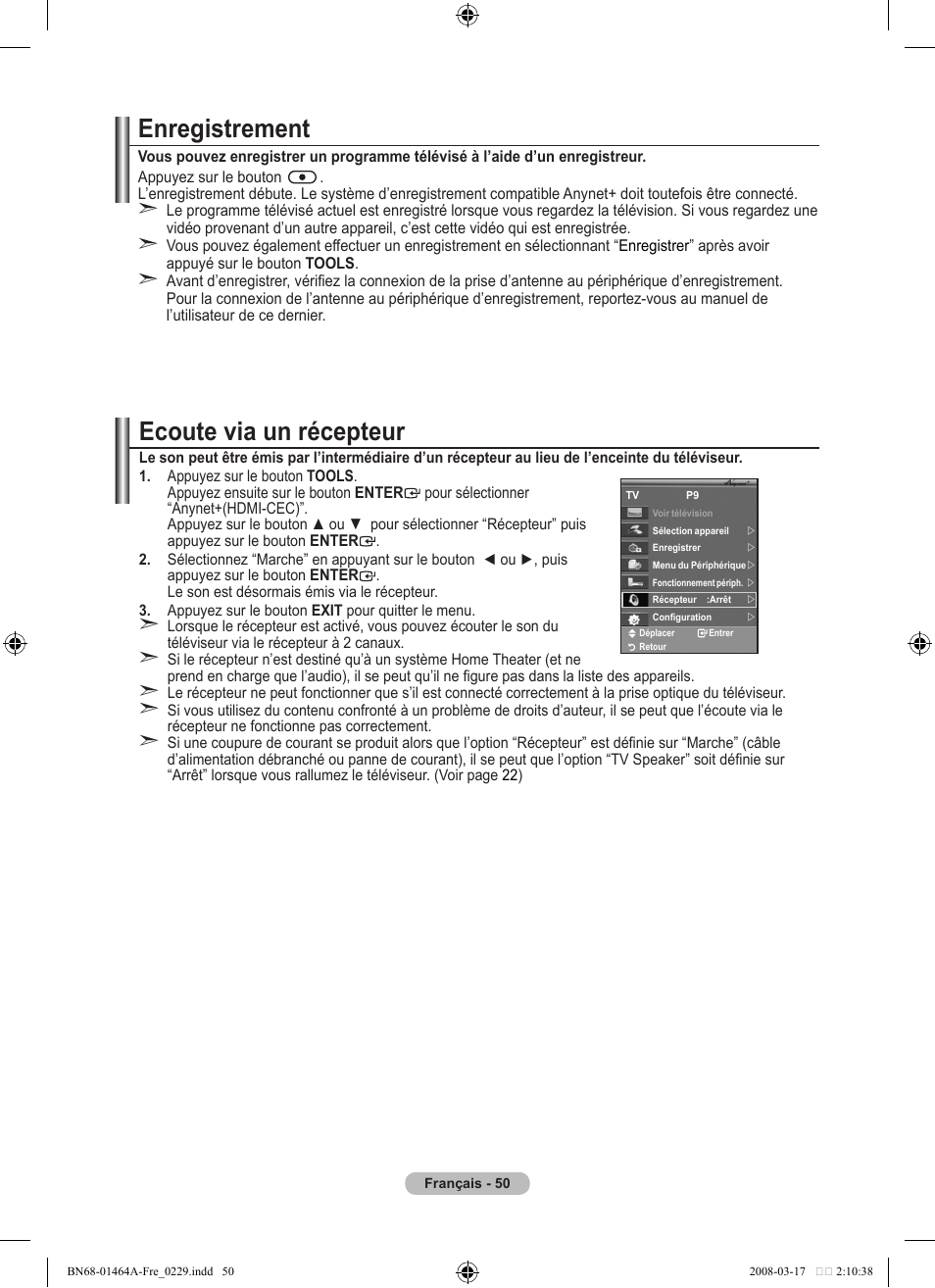 Enregistrement, Ecoute via un récepteur | Samsung LE32A436T1D User Manual | Page 110 / 468