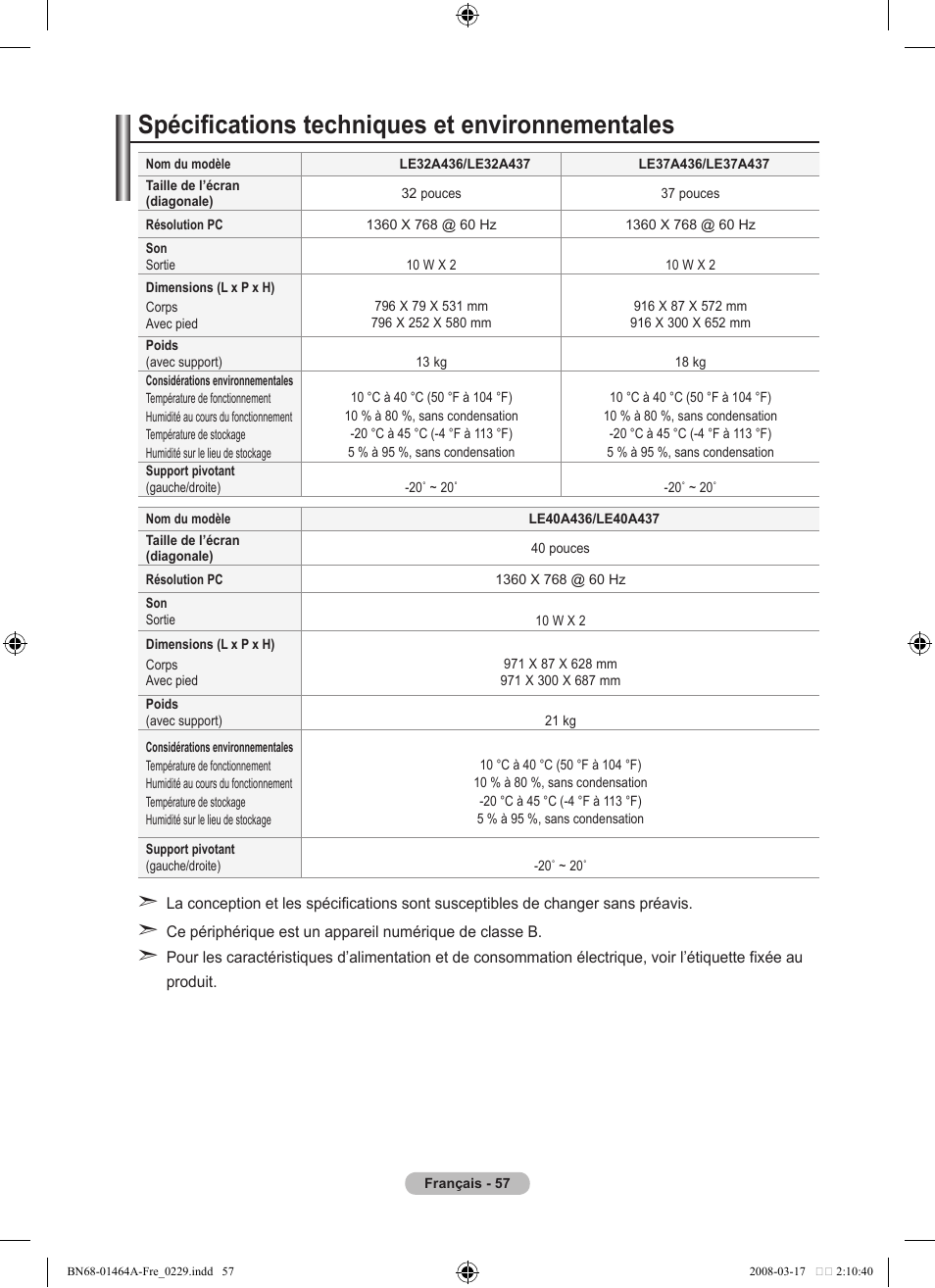 Spécifications techniques et environnementales | Samsung LE32A436T1D User Manual | Page 117 / 468