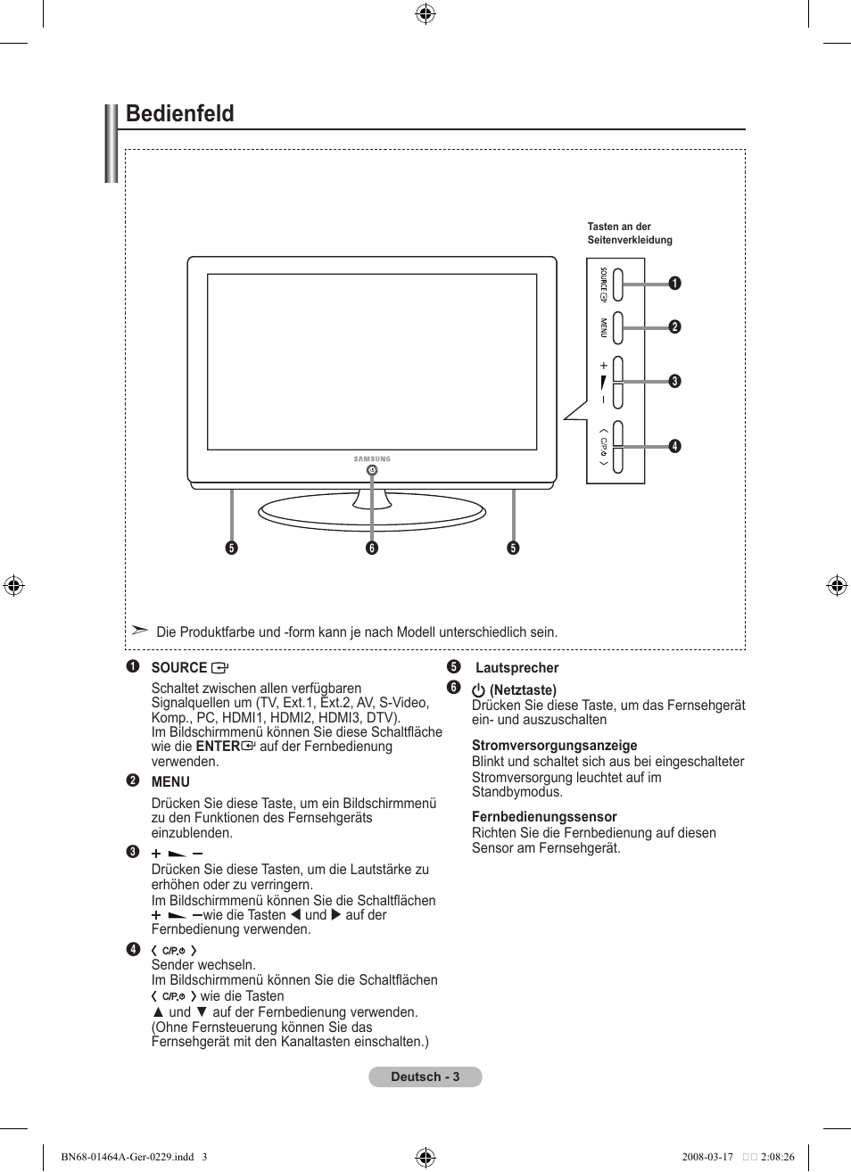 Bedienfeld | Samsung LE32A436T1D User Manual | Page 121 / 468