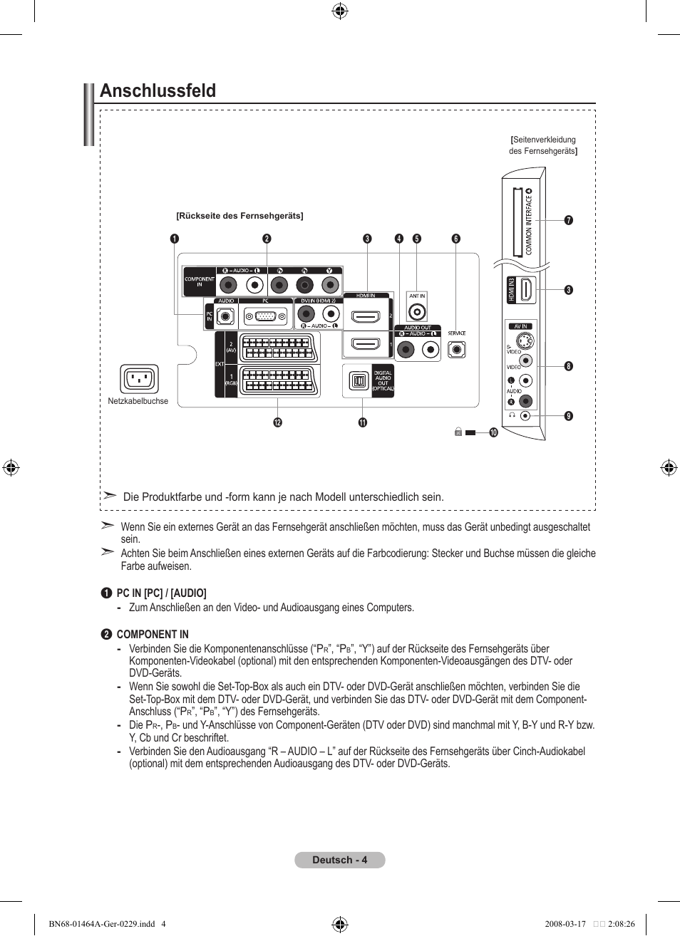 Anschlussfeld | Samsung LE32A436T1D User Manual | Page 122 / 468