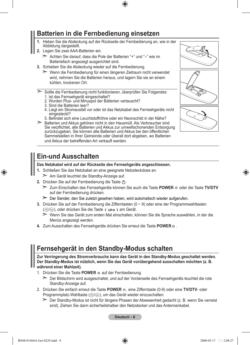 Batterien in die fernbedienung einsetzen, Ein-und ausschalten, Fernsehgerät in den standby-modus schalten | Samsung LE32A436T1D User Manual | Page 126 / 468