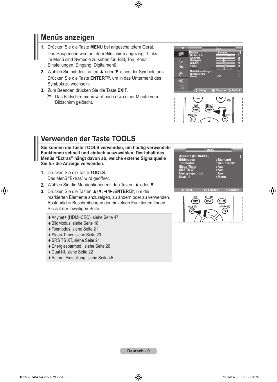 Menüs anzeigen, Verwenden der taste tools | Samsung LE32A436T1D User Manual | Page 127 / 468