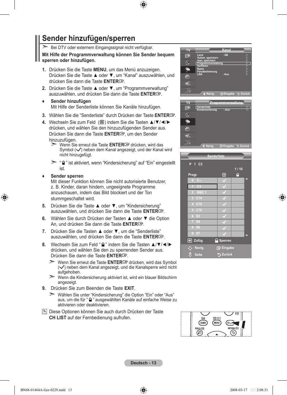 Sender hinzufügen/sperren | Samsung LE32A436T1D User Manual | Page 131 / 468