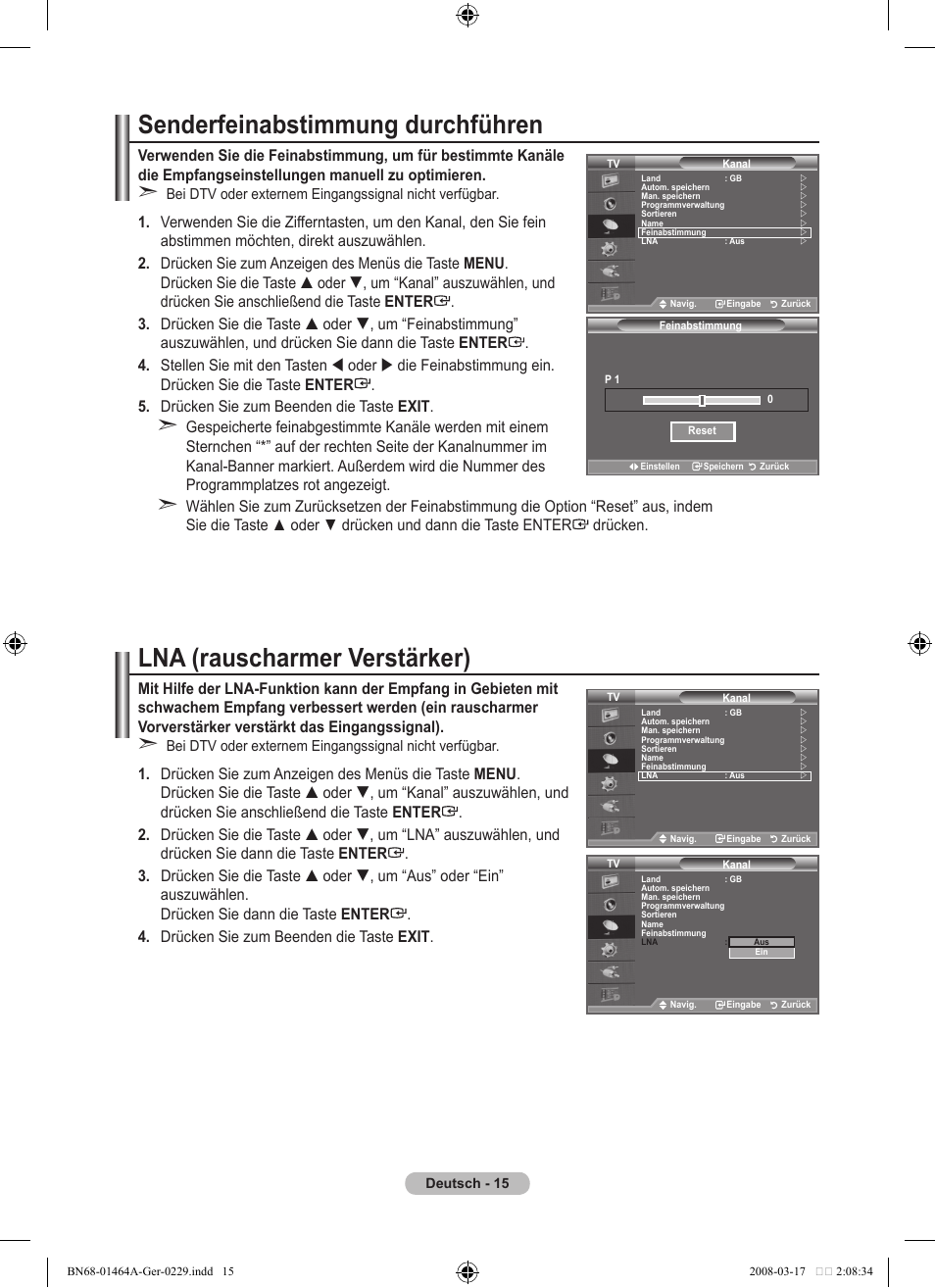 Senderfeinabstimmung durchführen, Lna (rauscharmer verstärker) | Samsung LE32A436T1D User Manual | Page 133 / 468