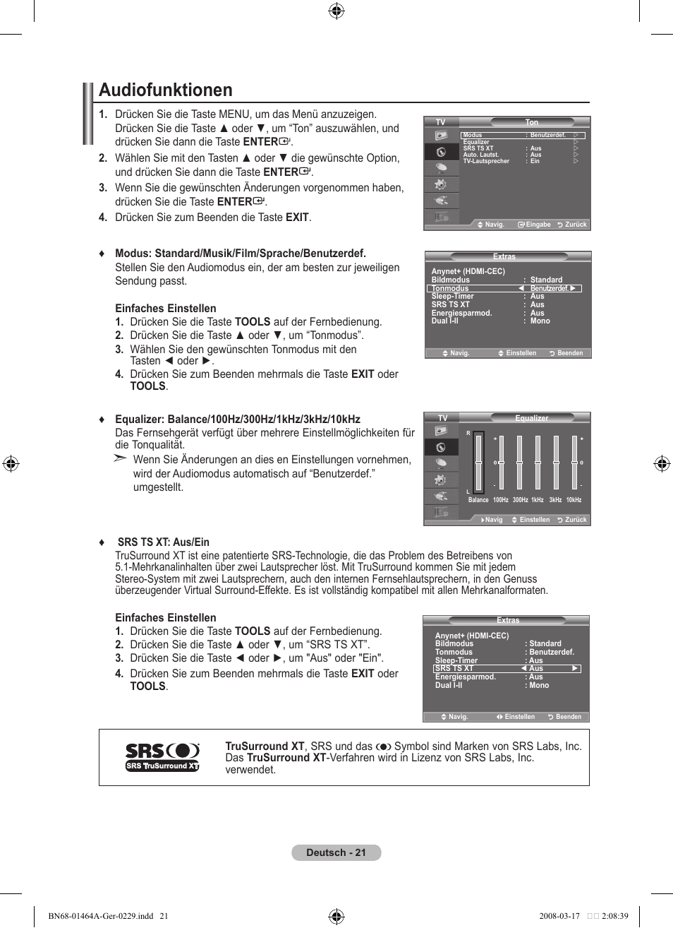 Audiofunktionen | Samsung LE32A436T1D User Manual | Page 139 / 468