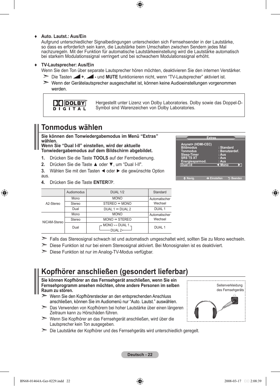 Tonmodus wählen, Kopfhörer anschließen (gesondert lieferbar) | Samsung LE32A436T1D User Manual | Page 140 / 468