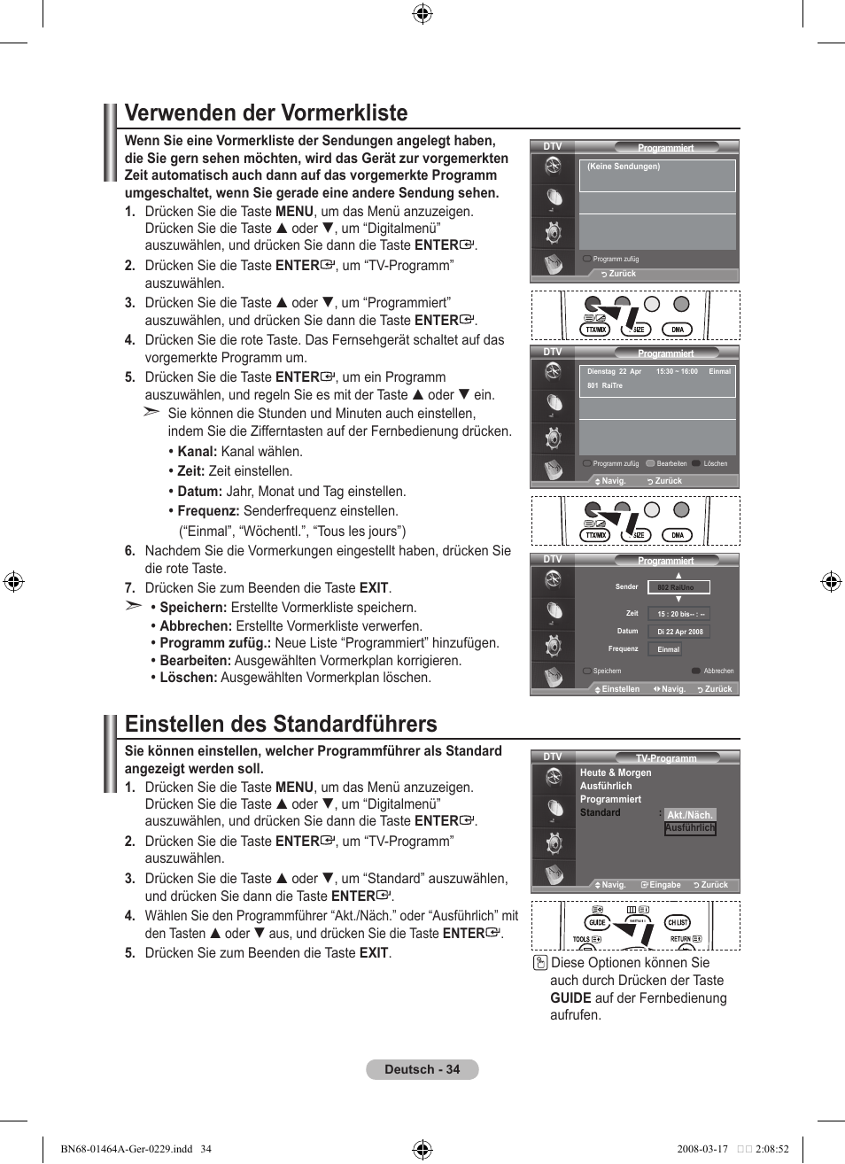 Verwenden der vormerkliste, Einstellen des standardführers | Samsung LE32A436T1D User Manual | Page 152 / 468