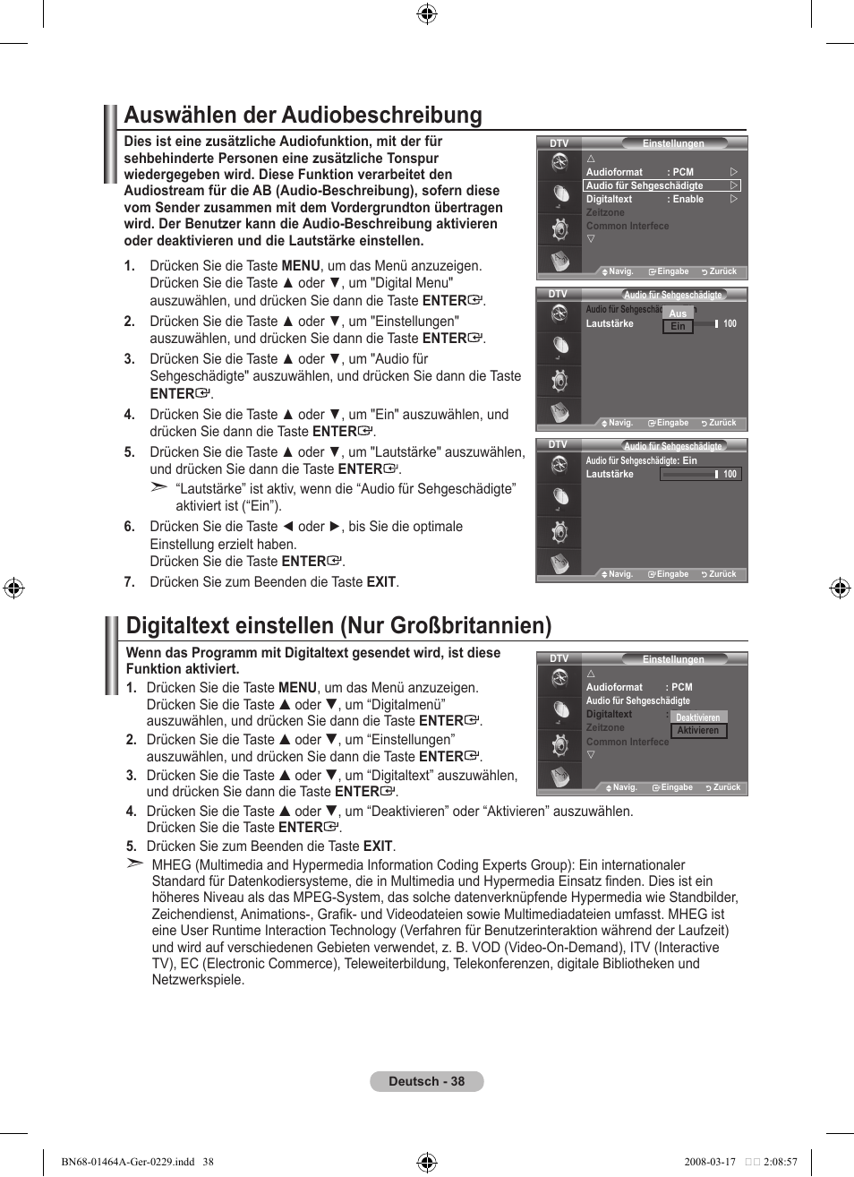 Auswählen der audiobeschreibung, Digitaltext einstellen (nur großbritannien) | Samsung LE32A436T1D User Manual | Page 156 / 468