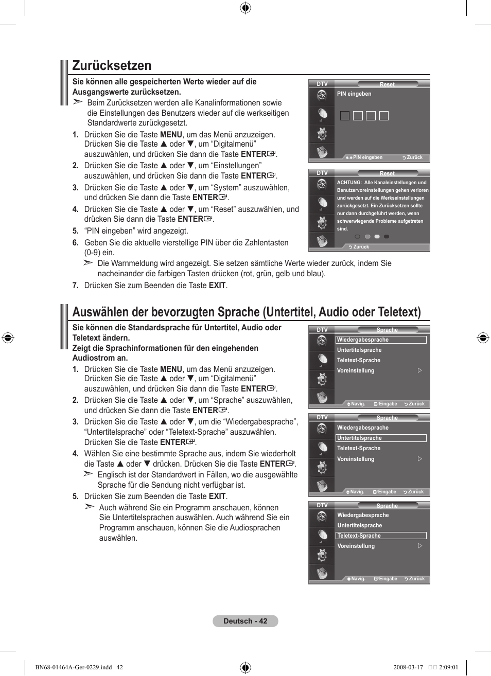 Zurücksetzen | Samsung LE32A436T1D User Manual | Page 160 / 468
