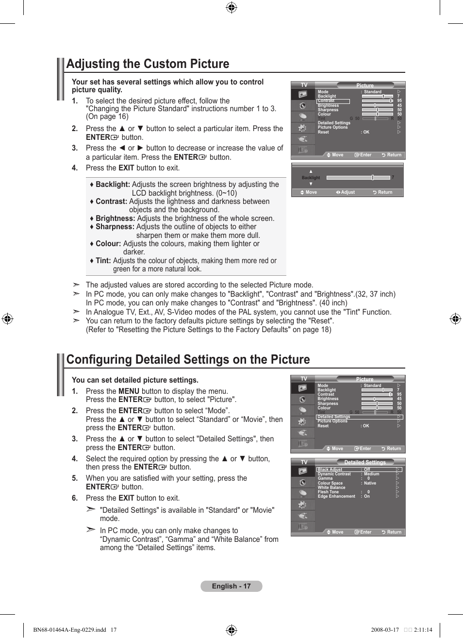 Adjusting the custom picture, Configuring detailed settings on the picture | Samsung LE32A436T1D User Manual | Page 19 / 468