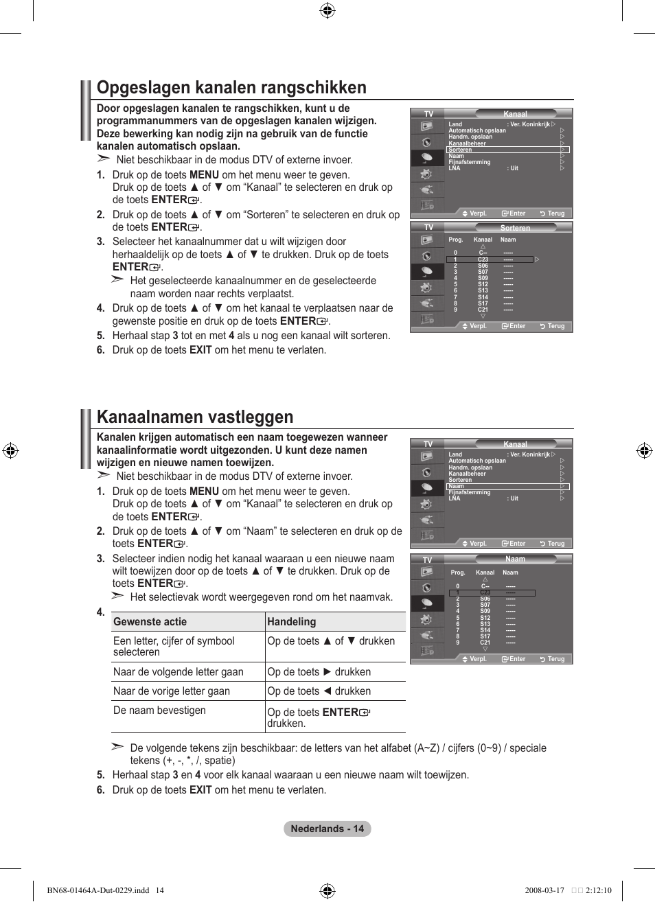 Opgeslagen kanalen rangschikken, Kanaalnamen vastleggen | Samsung LE32A436T1D User Manual | Page 190 / 468