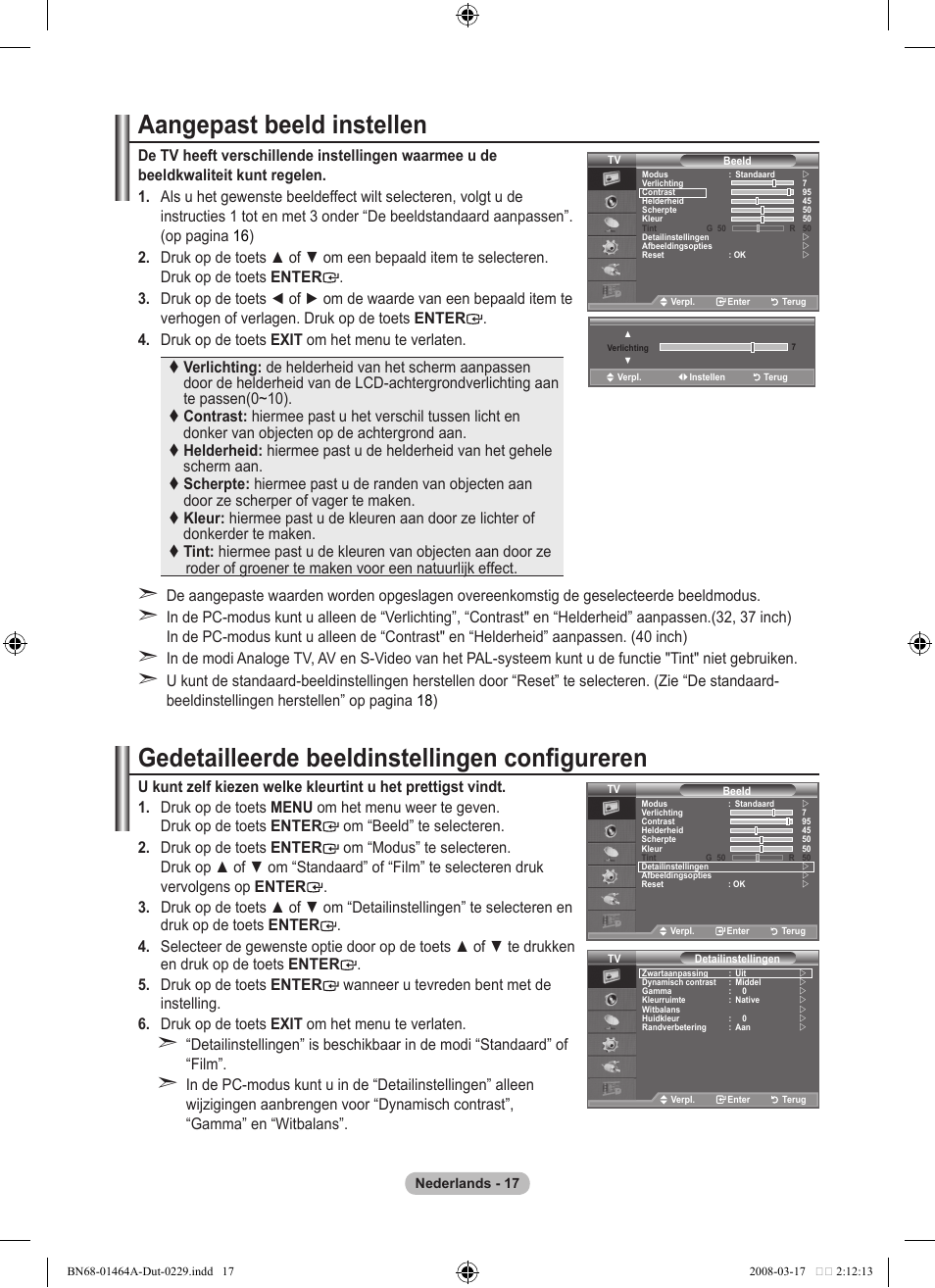 Aangepast beeld instellen, Gedetailleerde beeldinstellingen configureren | Samsung LE32A436T1D User Manual | Page 193 / 468