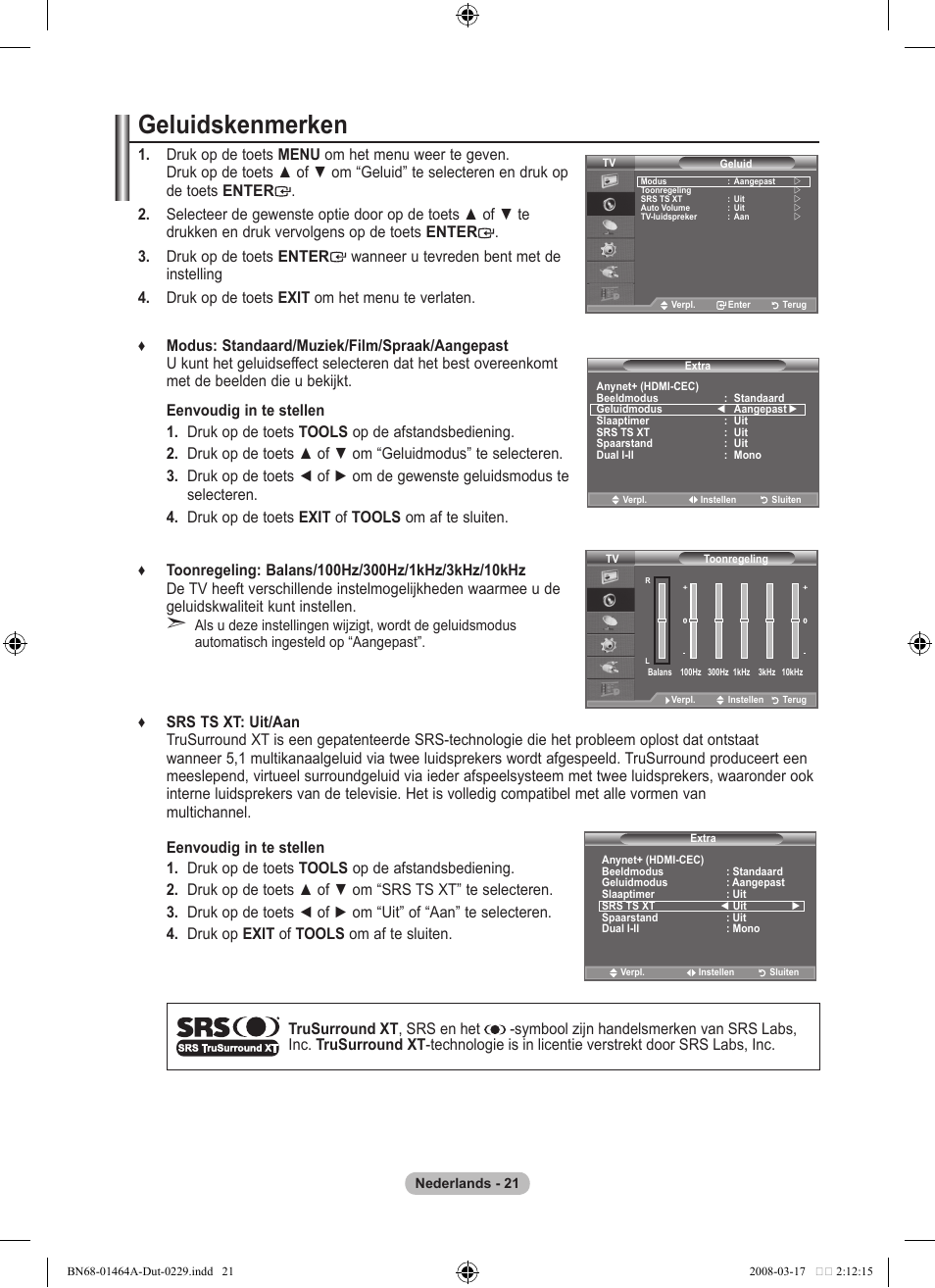 Geluidskenmerken | Samsung LE32A436T1D User Manual | Page 197 / 468