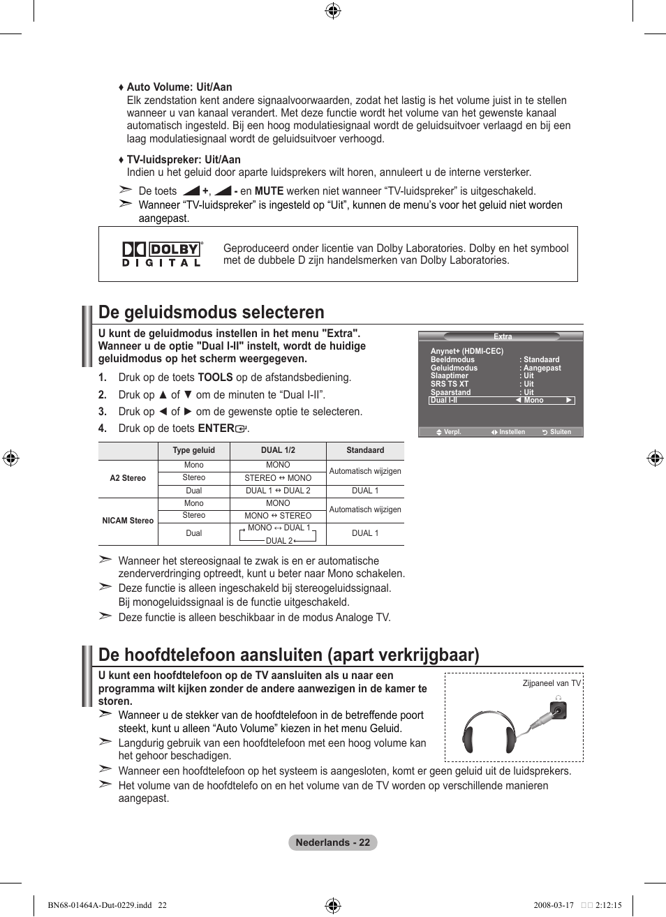 De geluidsmodus selecteren, De hoofdtelefoon aansluiten (apart verkrijgbaar) | Samsung LE32A436T1D User Manual | Page 198 / 468