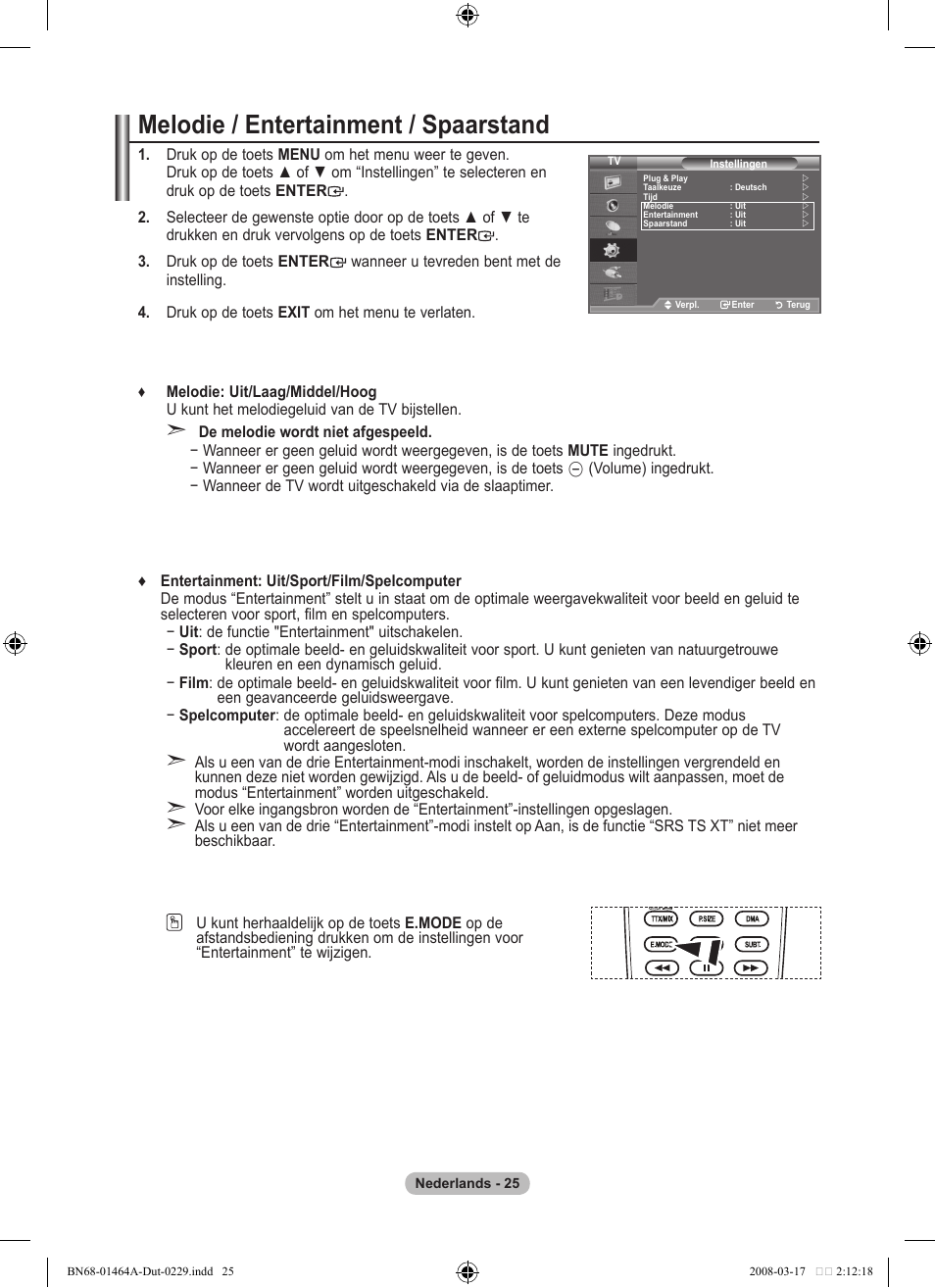Melodie / entertainment / spaarstand | Samsung LE32A436T1D User Manual | Page 201 / 468