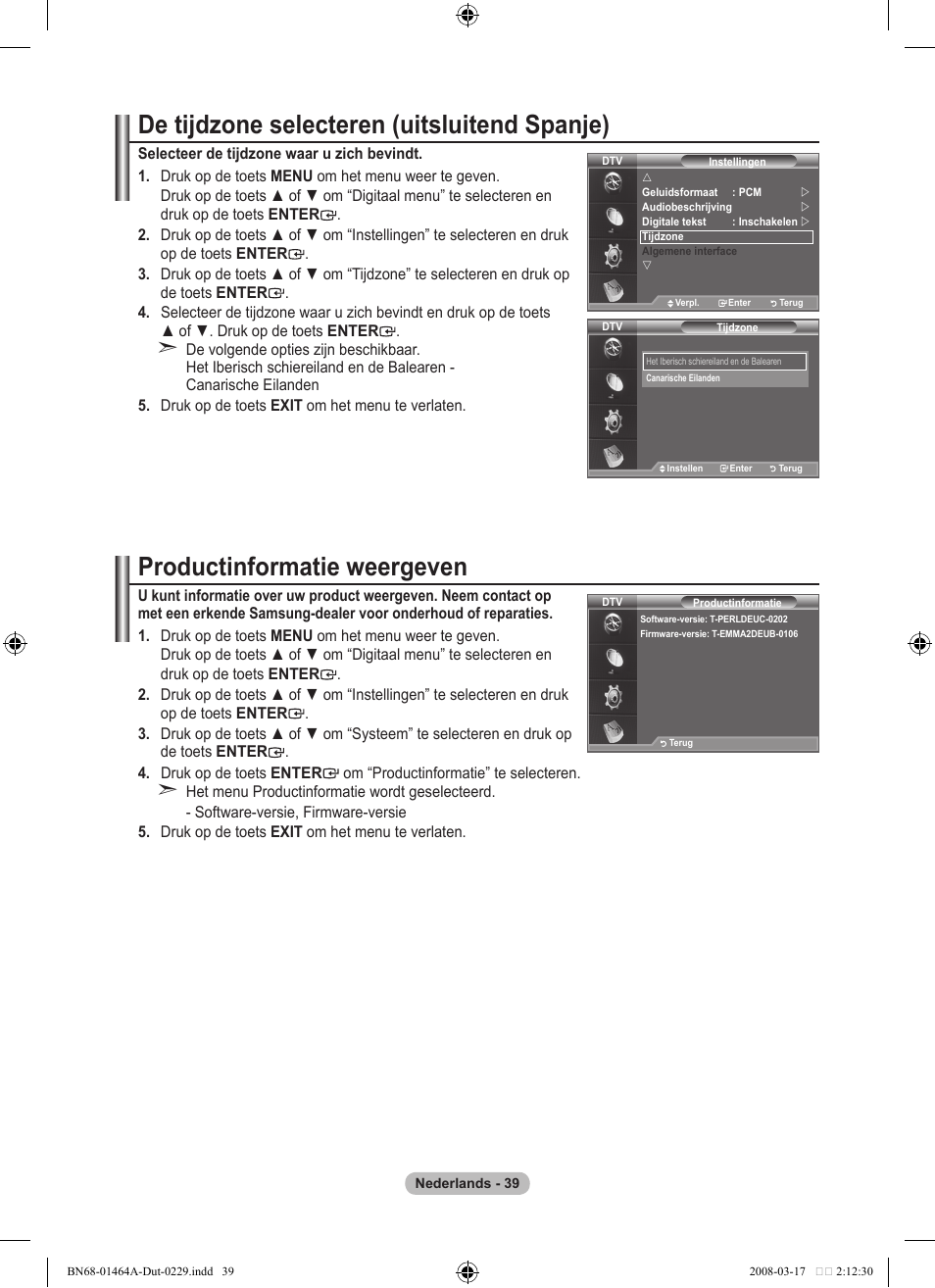De tijdzone selecteren (uitsluitend spanje), Productinformatie weergeven | Samsung LE32A436T1D User Manual | Page 215 / 468