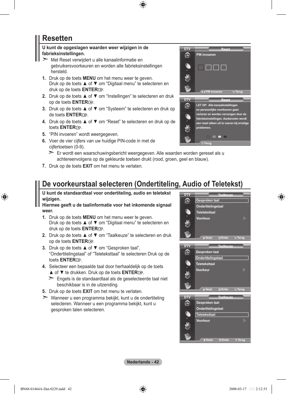 Resetten | Samsung LE32A436T1D User Manual | Page 218 / 468