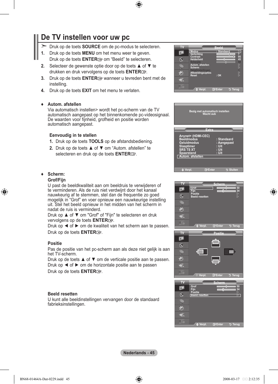 De tv instellen voor uw pc | Samsung LE32A436T1D User Manual | Page 221 / 468