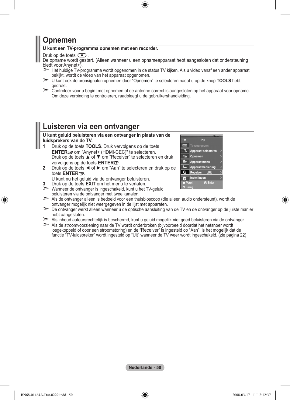 Luisteren via een ontvanger, Opnemen | Samsung LE32A436T1D User Manual | Page 226 / 468