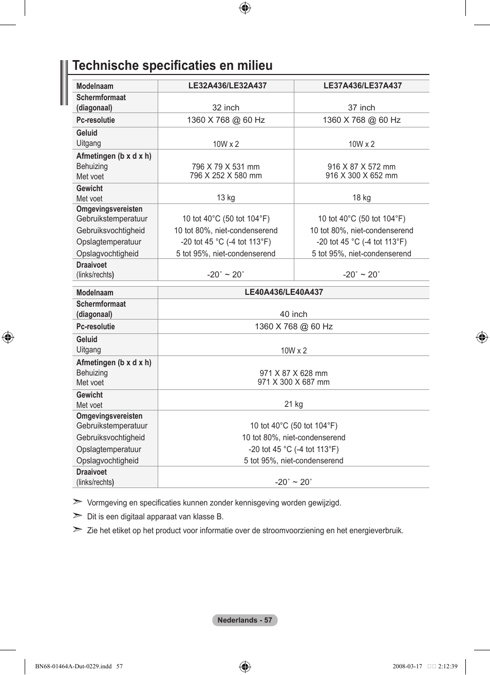 Technische specificaties en milieu | Samsung LE32A436T1D User Manual | Page 233 / 468